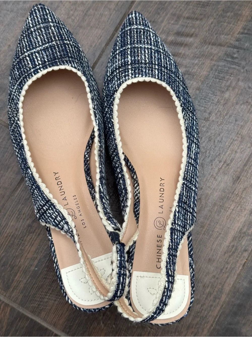 Chinese Laundry Navy Tweed Pointed Toe Slingback Low Block Heels Women's Size 11